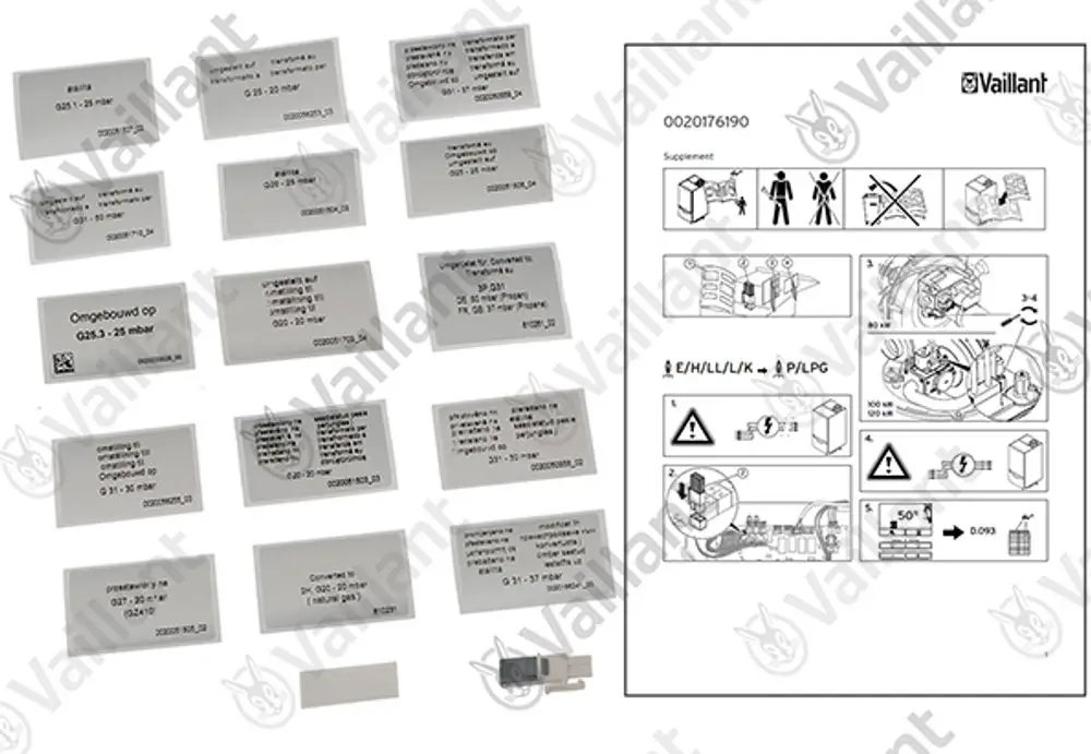 Vaillant Umstellsatz mit mehreren Plaketten und Anleitungen zur Umstellung zwischen Erdgas und Propan in verschiedenen Druckbereichen.